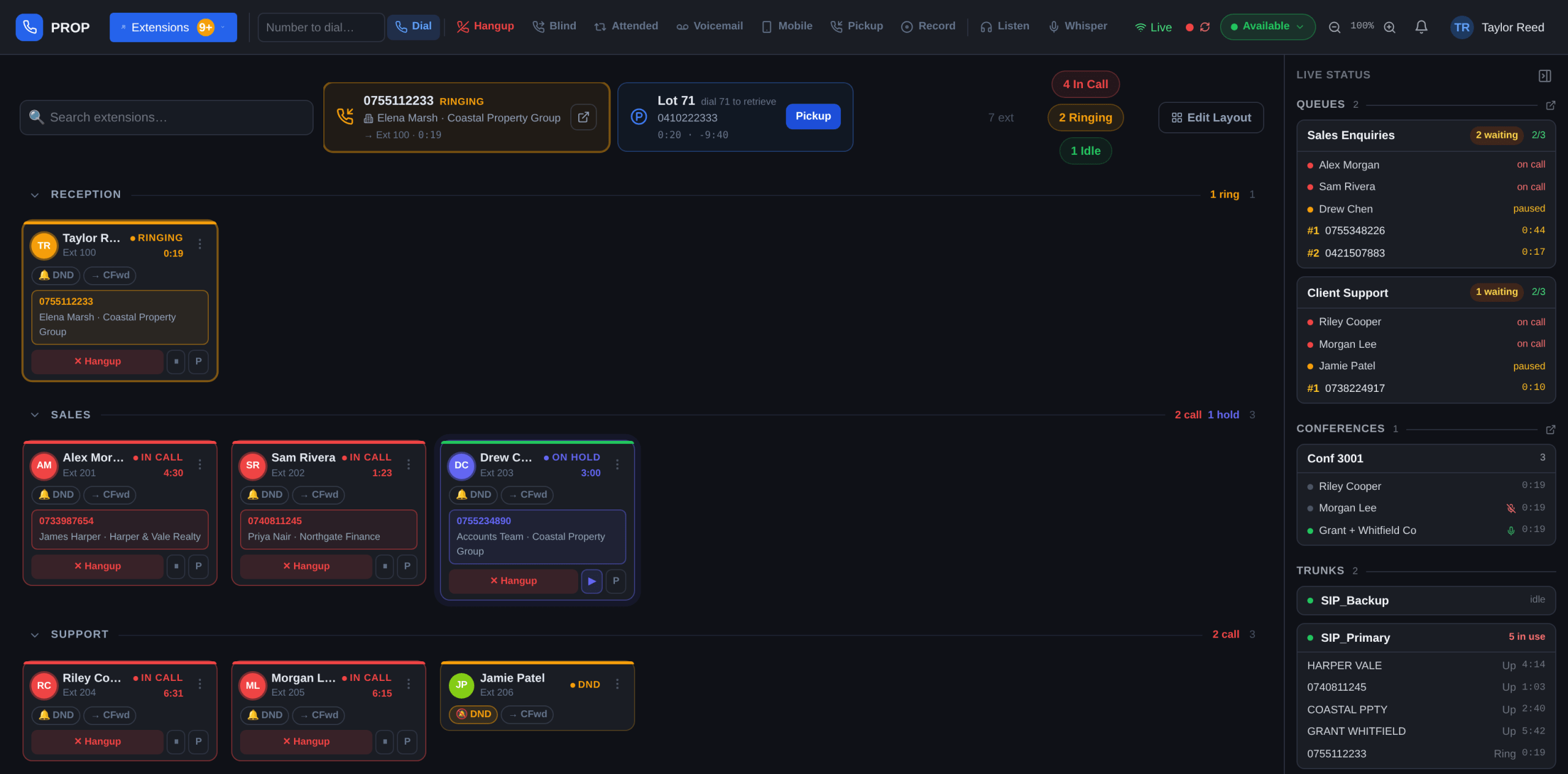 PROP live extension board showing colour-coded extension cards, caller names and one-click call controls